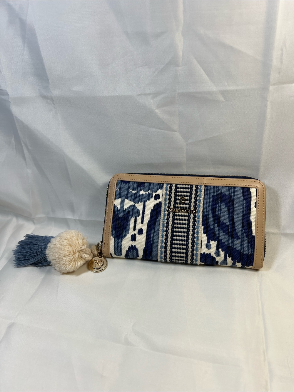 Spartina 449 Blue Patterned Zip Wallet with Beige Trim and Tassel